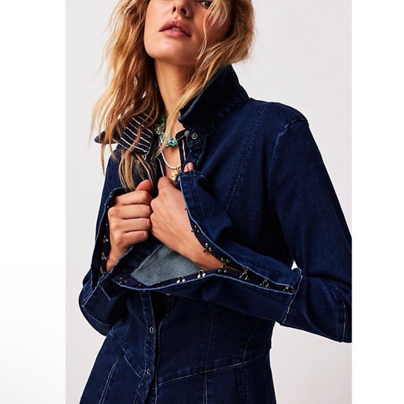 Free People Thea Dark Wash Denim Mini Dress Size S NWT - Picture 2 of 10